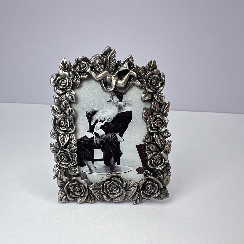Vintage Mini Picture Frame Silver Rose Cherub Small Pewter Tone Floral Decor
